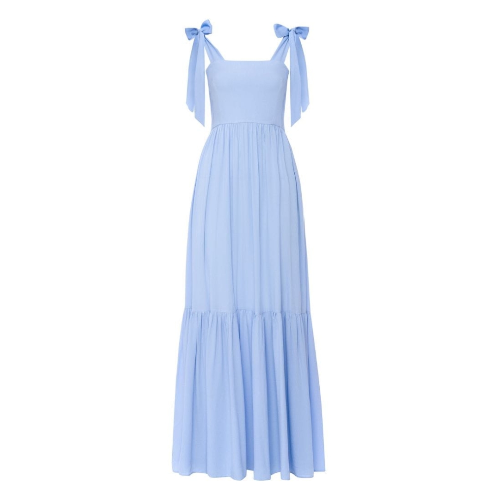 Błękitna długa sukienka maxi z kokardami przy ramiączkach Dreamy by Swing