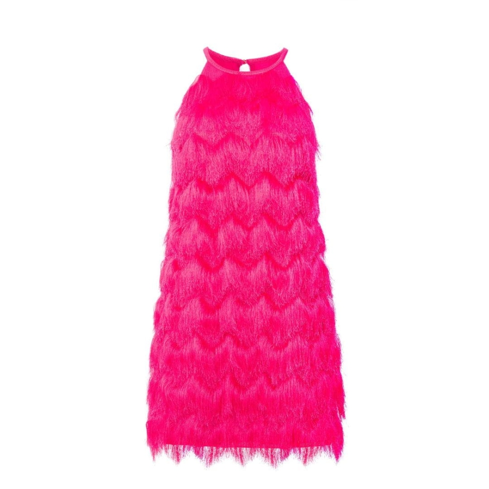 Różowa fuksjowa sukienka mini na ramiączka z frędzlami Fringe  Short by Swing