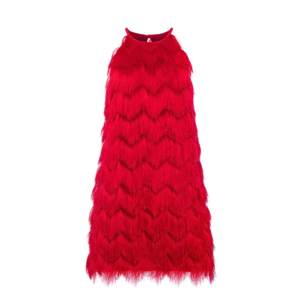 Czerwona sukienka mini na ramiączka z frędzlami Fringe Short by Swing