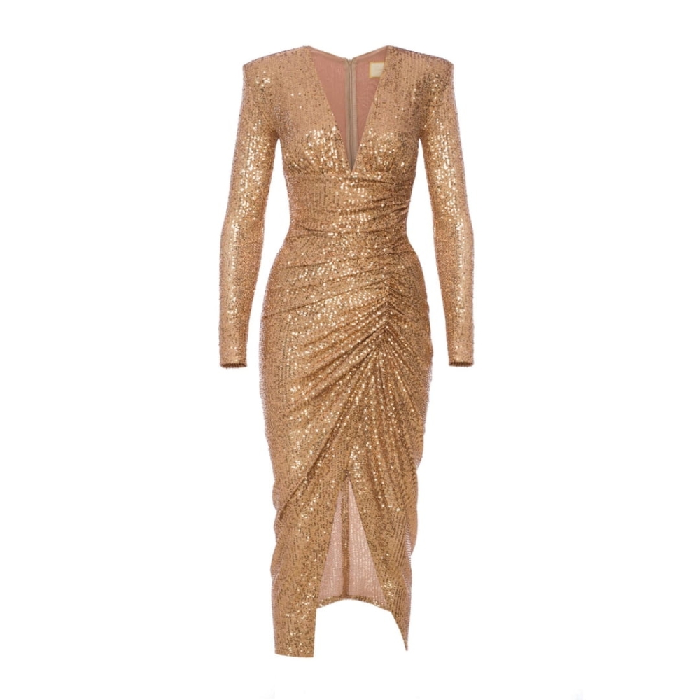 Zjawiskowa złota dopasowana sukienka midi z cekinów Nicol by Swing