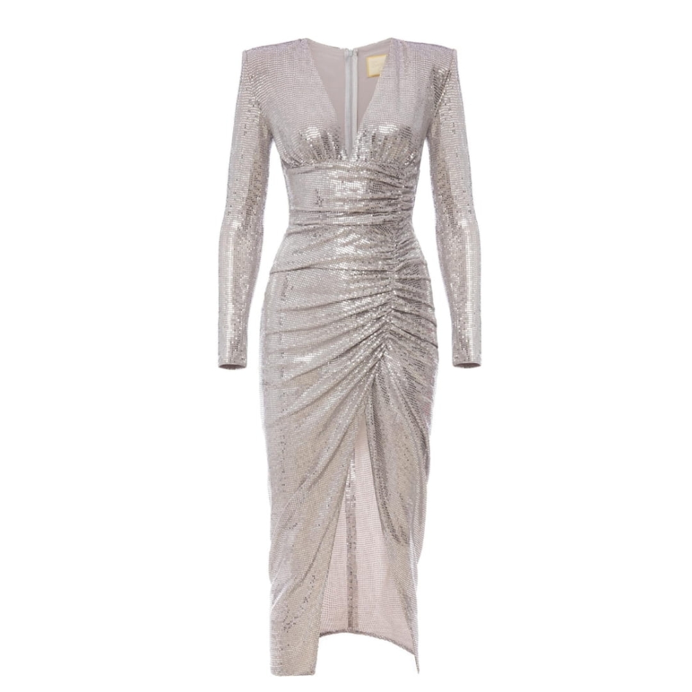 Srebrna połyskująca sukienka midi z rękawem o dopasowanym kroju Nicol by Swing