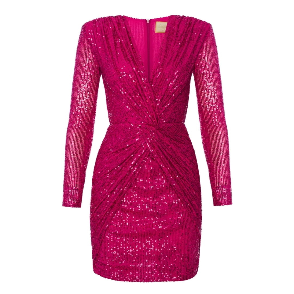 Malinowa cekinowa sukienka z efektownym przekładanym przodem Dolores by Swing