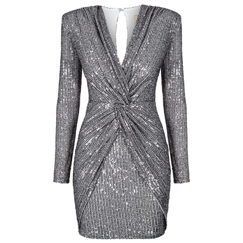 Srebrna cekinowa sukienka z efektownym przekładanym przodem Dolores by Swing