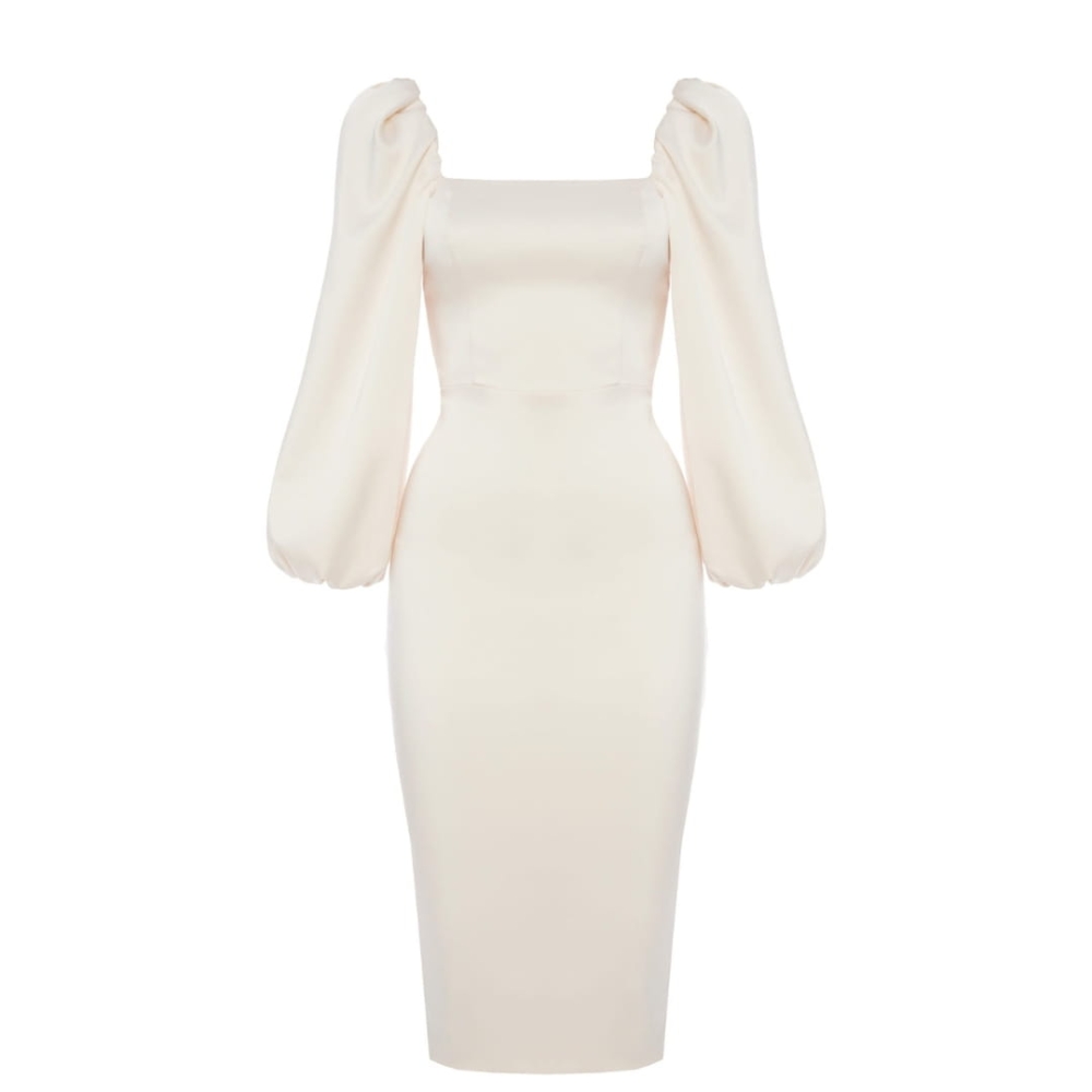 Śmietankowa satynowa ołówkowa sukienka midi Giselle z bufiastym rękawem i dekoltem karo SWING