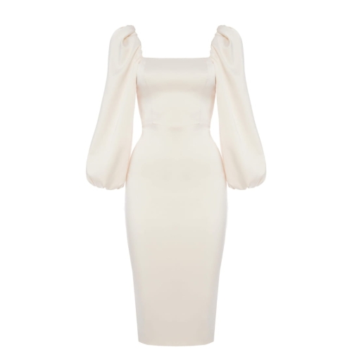 Śmietankowa satynowa ołówkowa  sukienka midi Giselle z bufiastym rękawem i dekoltem karo SWING