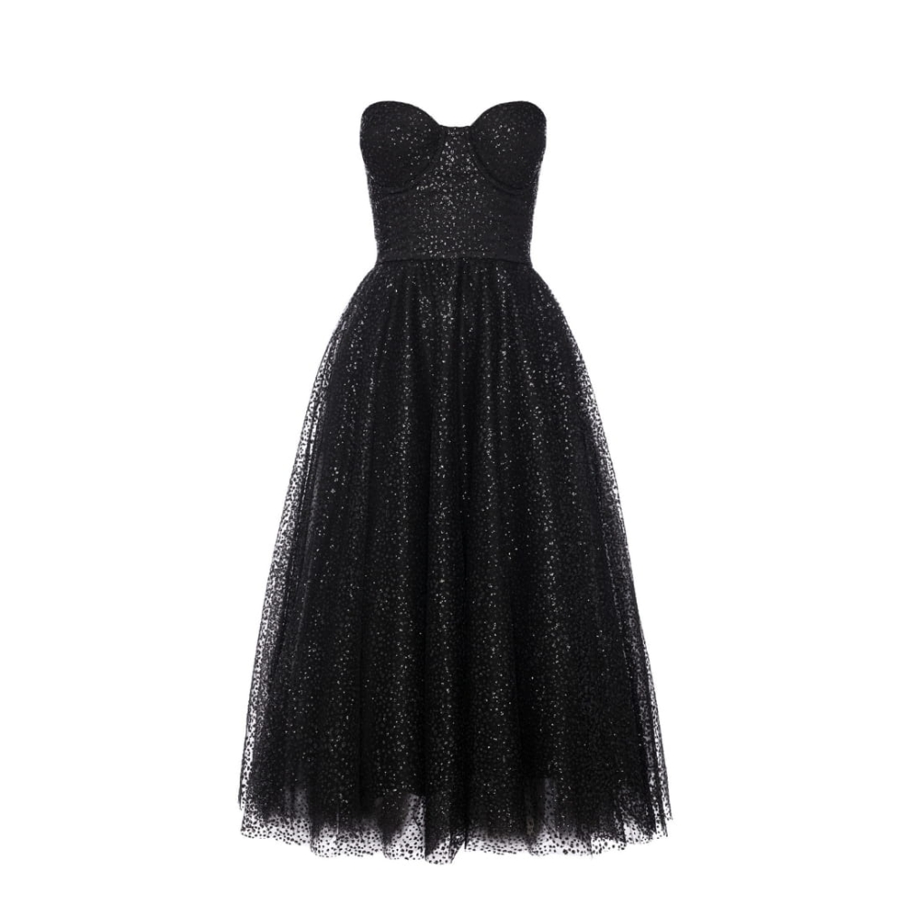 Czarna połyskująca sukienka midi na gorsecie Glamour BLACK by Swing bez ramiączek rozkloszowana tiulowa