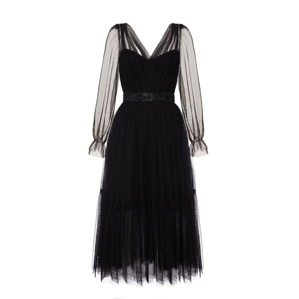 Tiulowa czarna sukienka midi z ozdobnym paskiem Serena by Swing tiulowa rozkloszowana sukienka do połowy łydki z ozdobnym błyszczącym paskiem