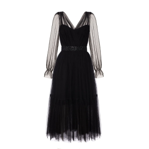 Tiulowa czarna sukienka midi z ozdobnym paskiem Serena by Swing