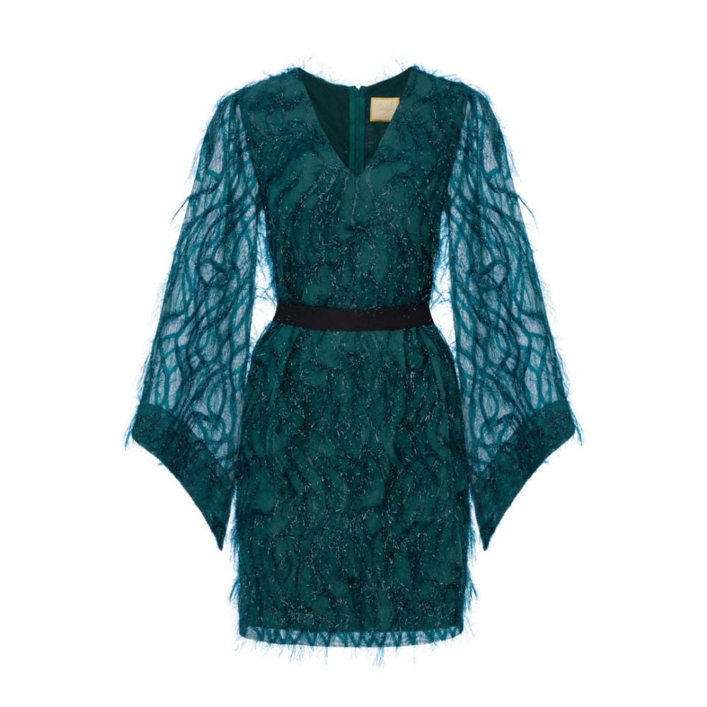 Butelkowa sukienka mini z piórami i szerokim rękawem Paloma by Swing