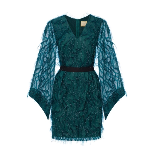 Butelkowa sukienka mini z piórami i szerokim rękawem Paloma by Swing