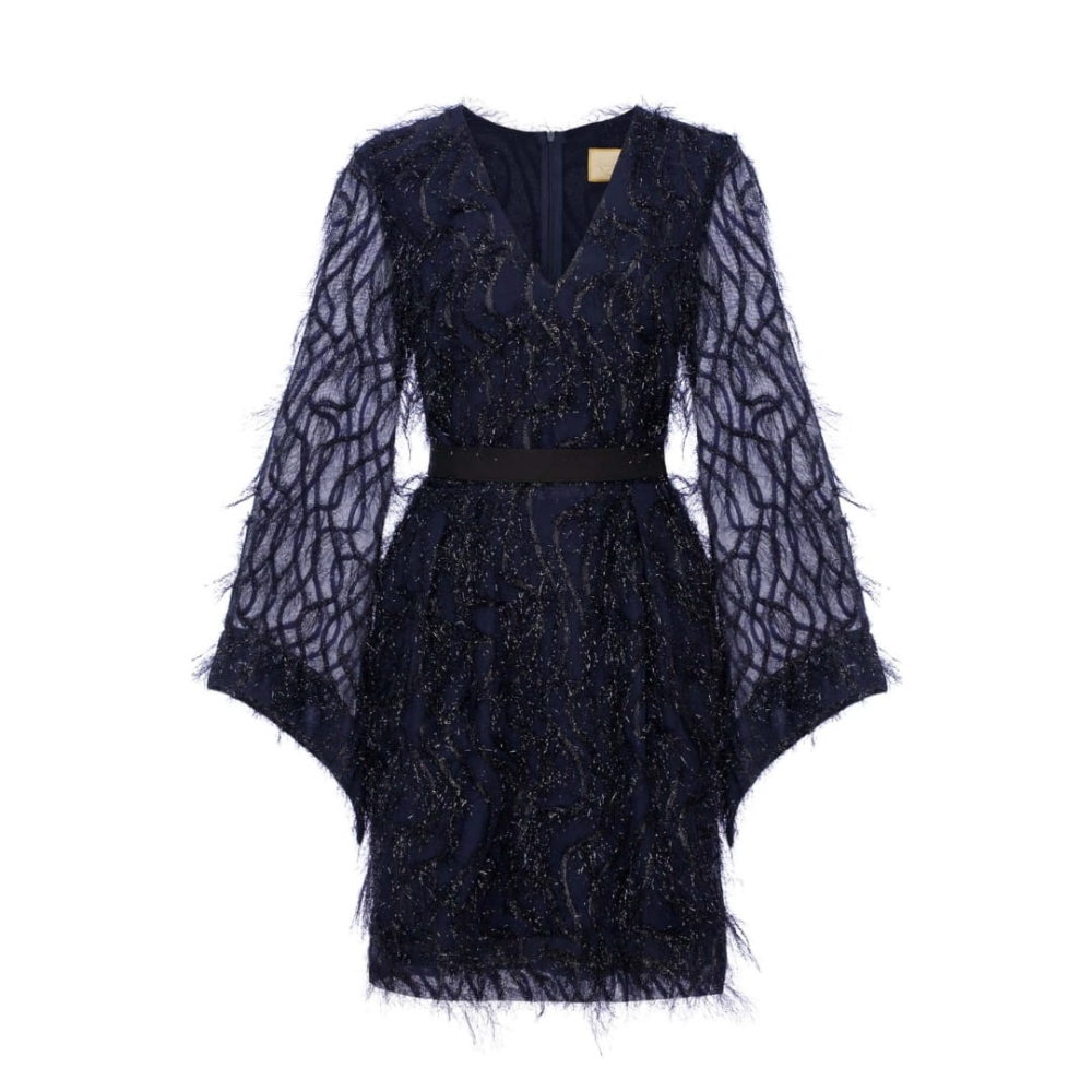 Granatowa sukienka mini z piórami i szerokim rękawem Paloma by Swing