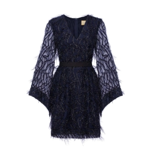 Granatowa sukienka mini z piórami i szerokim rękawem Paloma by Swing