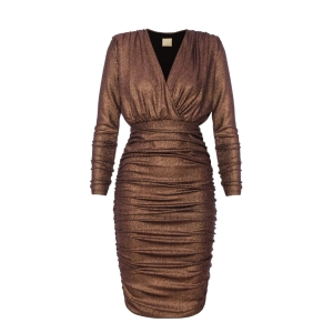 Brązowa błyszcząca drapowana sukienka o mocno dopasowanym kroju Jackson by Swing