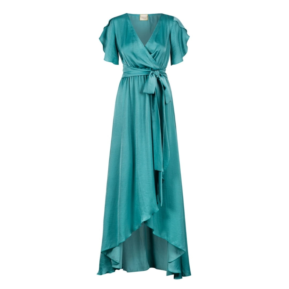 Długa turkusowa sukienka z krótszym przodem Irmina by Swing