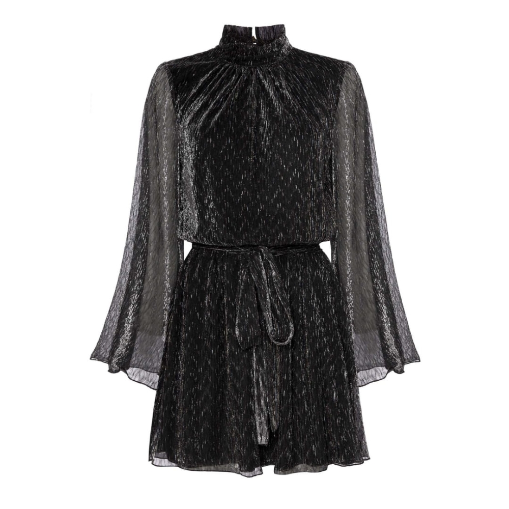 Połyskująca srebrna bluzowana sukienka z szerokimi rękawami Carla by Swing