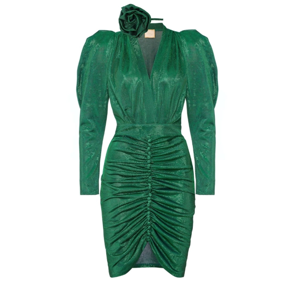 Zielona połyskująca sukienka  z głębokim dekoltem i ozdobną różą Laura Rose  by Swing.jpg