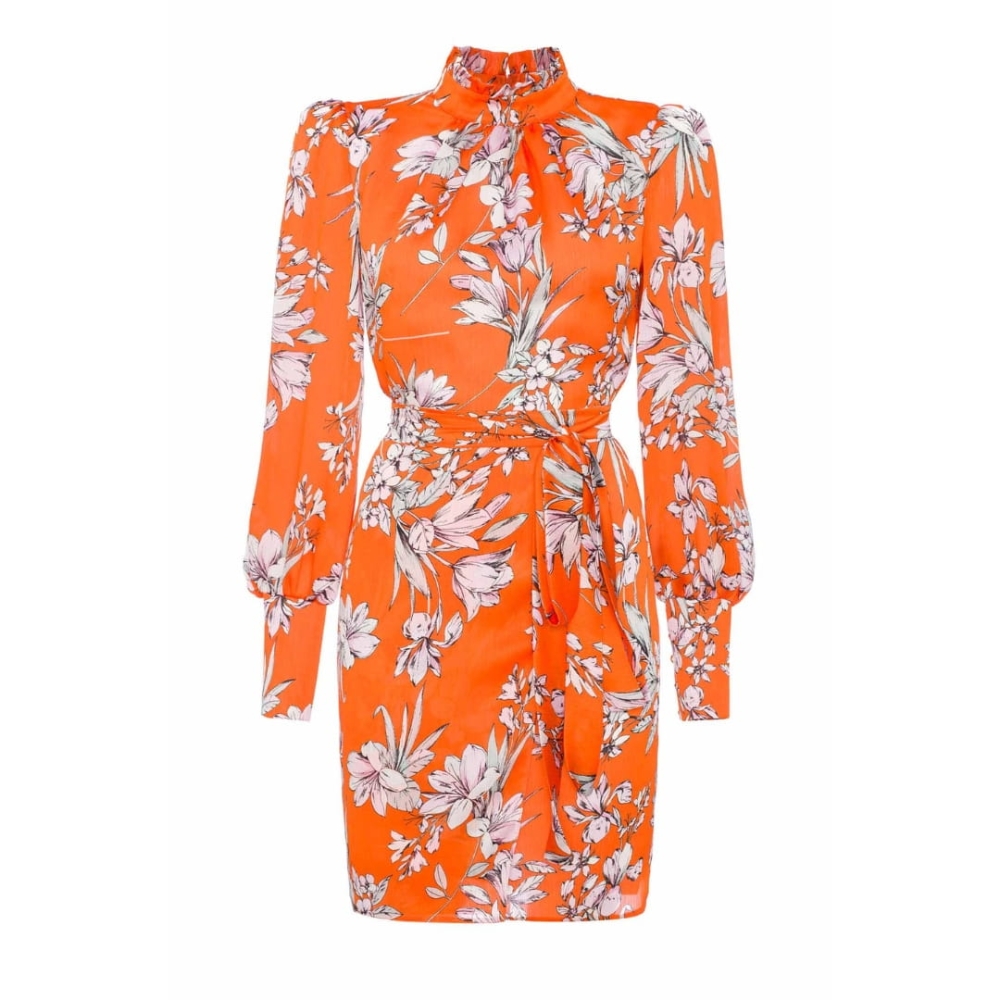 Pomarańczowa sukienka w kwiaty z mankietem i stójką swing sabrina