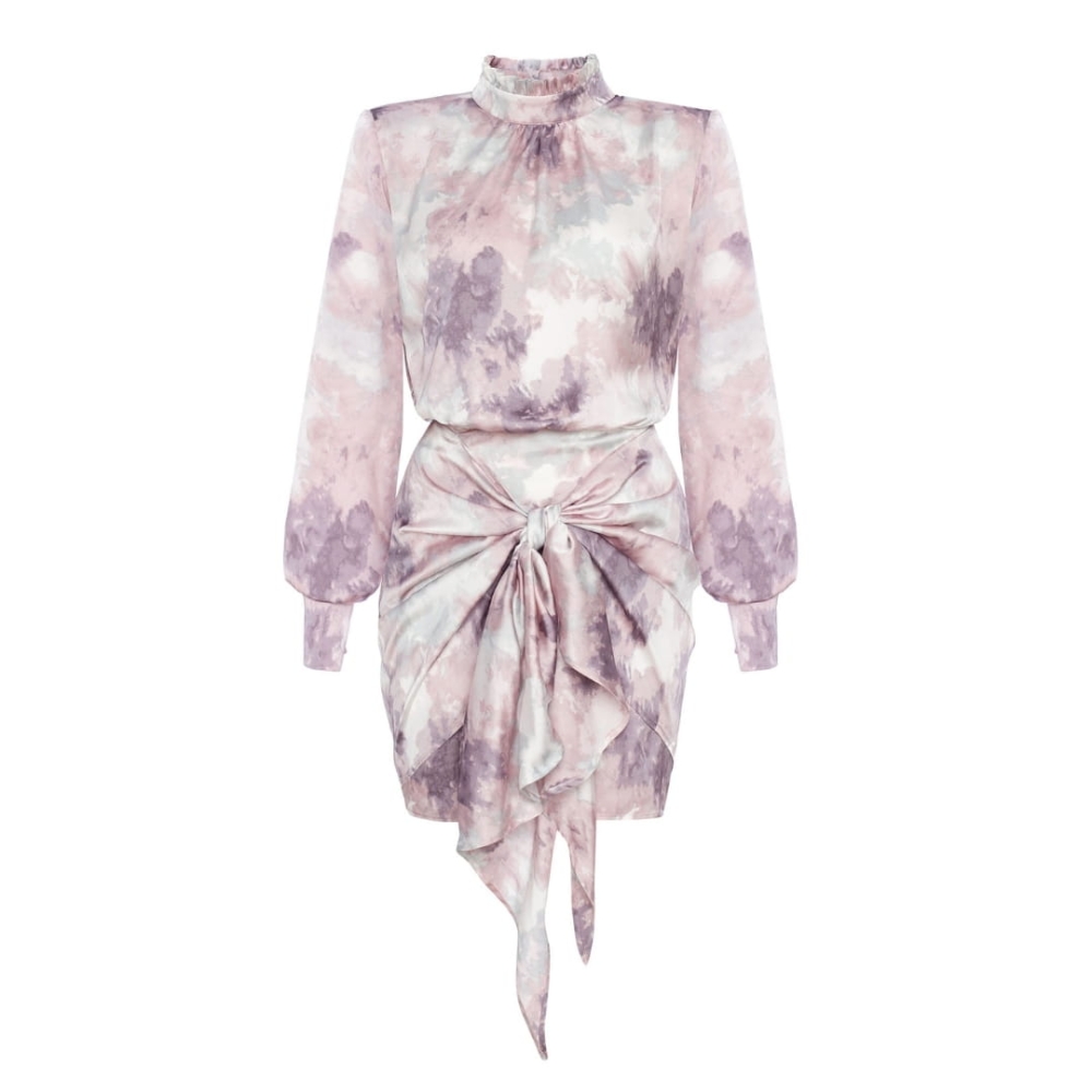 Mini sukienka ze sójką i wiązaniem na biodrach Marble by Swing w kolorze marmurowym