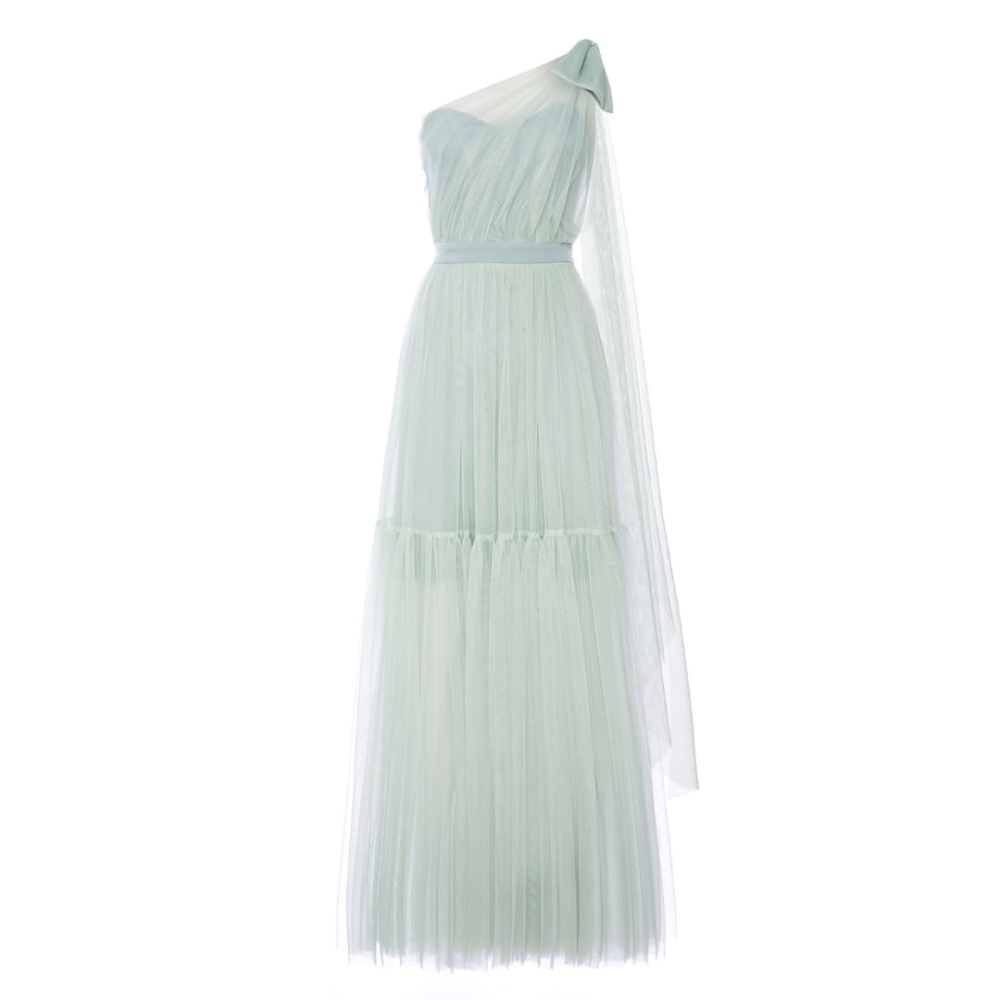 Zjawiskowa tiulowa długa maxi sukienka wieczorowa na jedno ramię w kolorze miętowym Ingrid by Swing