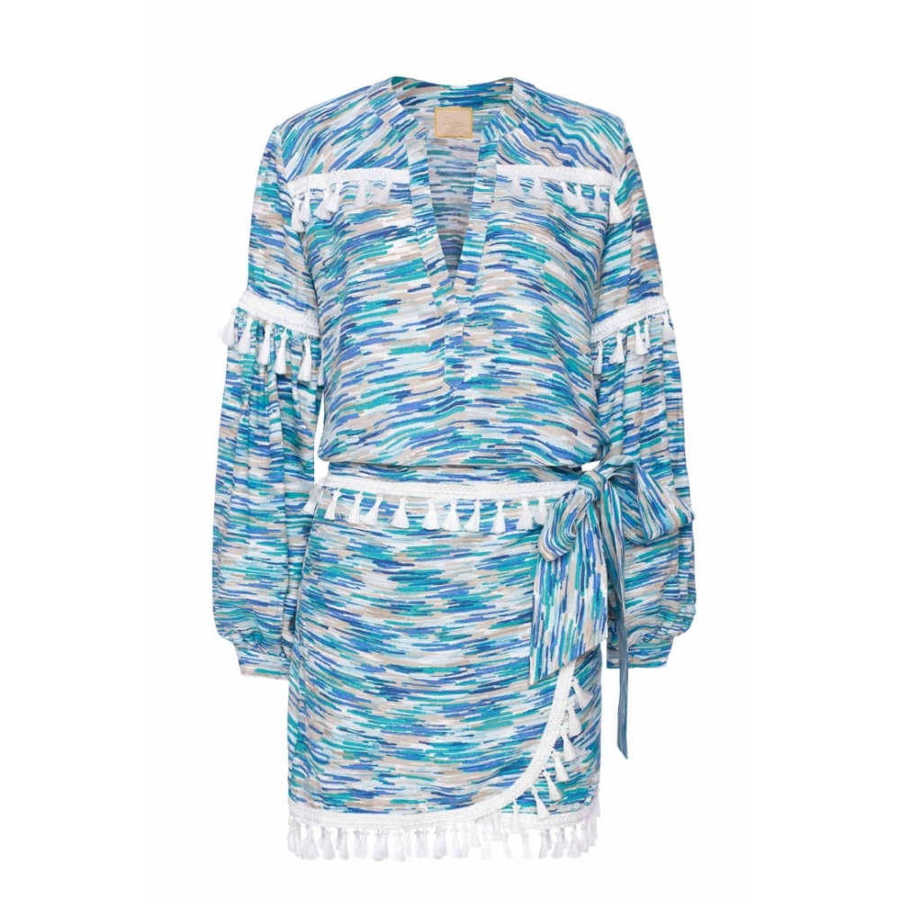 Błękitny komplet spódnica + koszula z białymi frędzlami w stylu boho Indie Swing