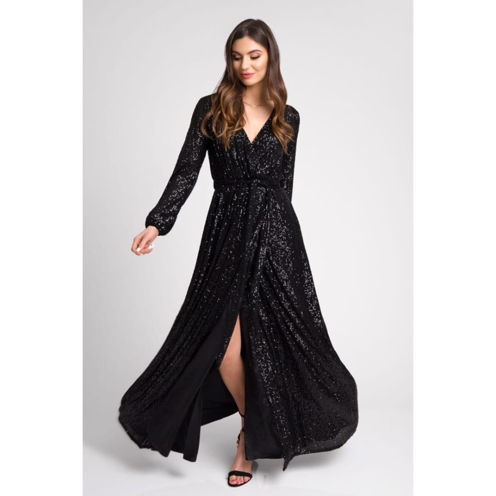 Długa cekinowa sukienka z dekoltem Jullia by Swing czarna