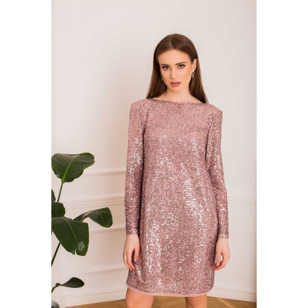 Różowa cekinowa sukienka Samantha z wyciętymi plecami SWING