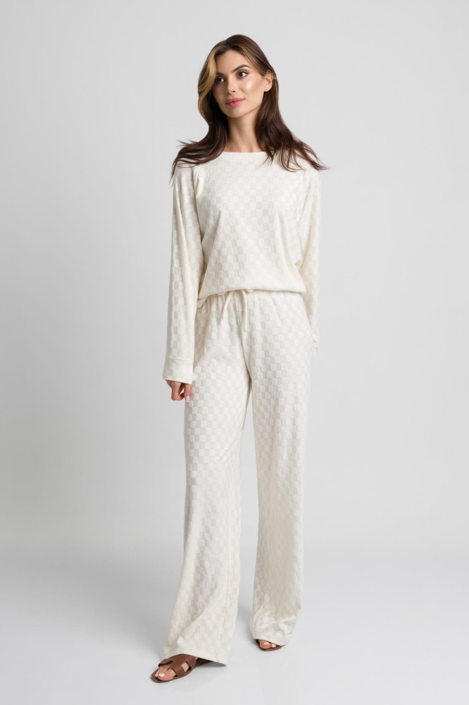 Śmietankowy dzianinowy dresowy komplet bluzka + spodnie w tłoczony wzór Brooke by Swing