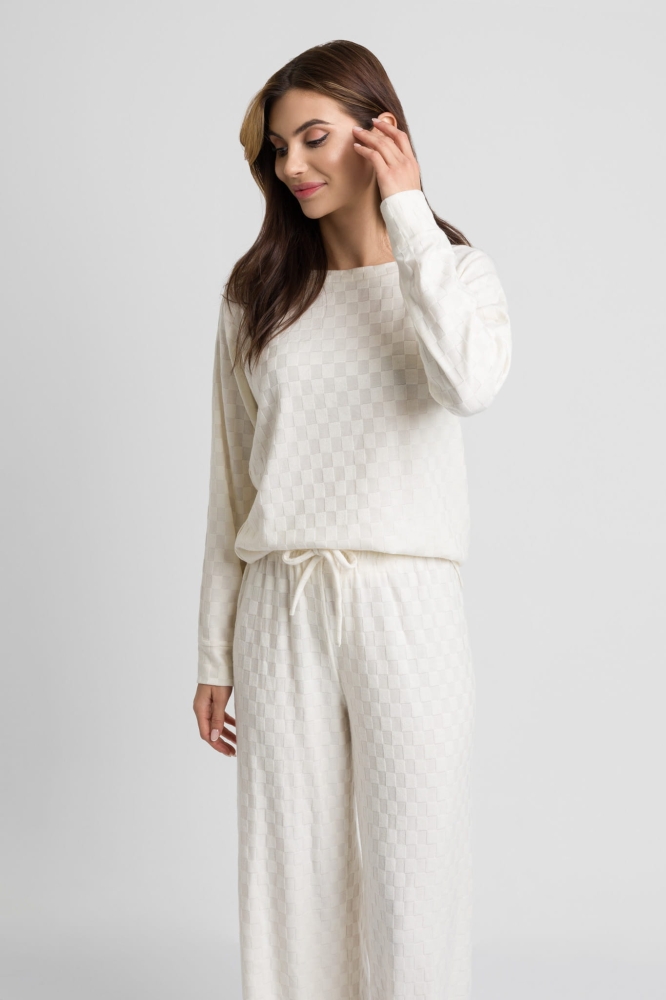 Śmietankowy dzianinowy dresowy komplet bluzka + spodnie w tłoczony wzór Brooke by Swing