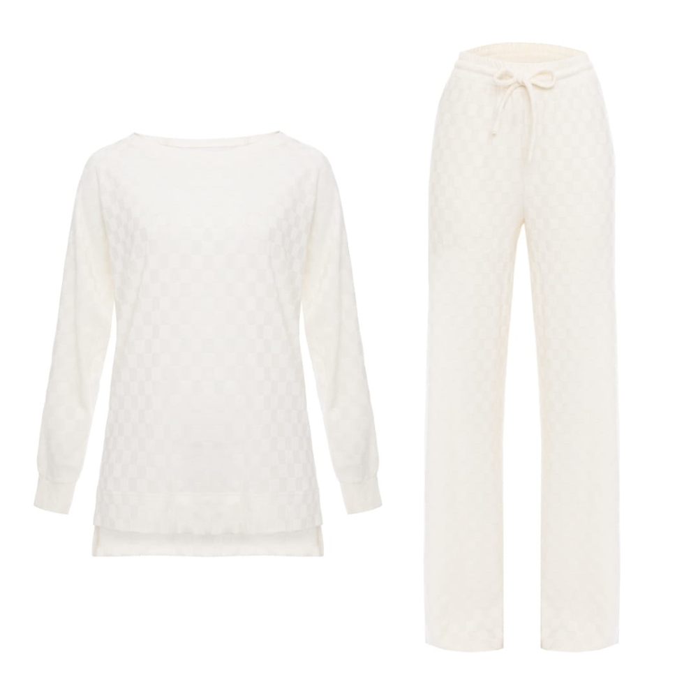 Śmietankowy dzianinowy dresowy komplet bluzka + spodnie w tłoczony wzór Brooke by Swing