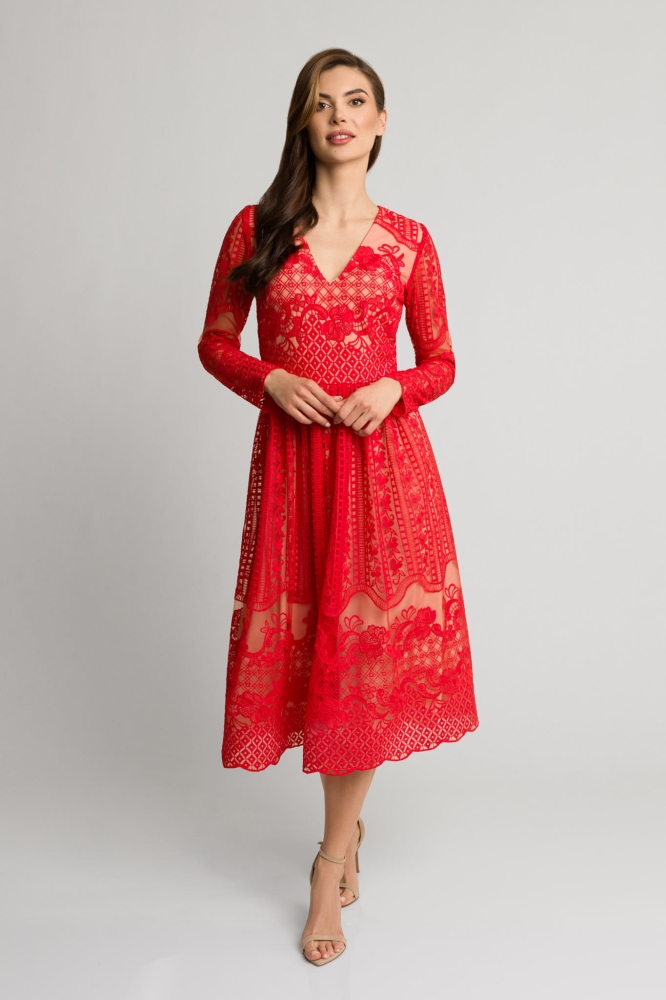 Czerwona koronkowa rozkloszowana sukienka midi z dekoltem Gracia by Swing