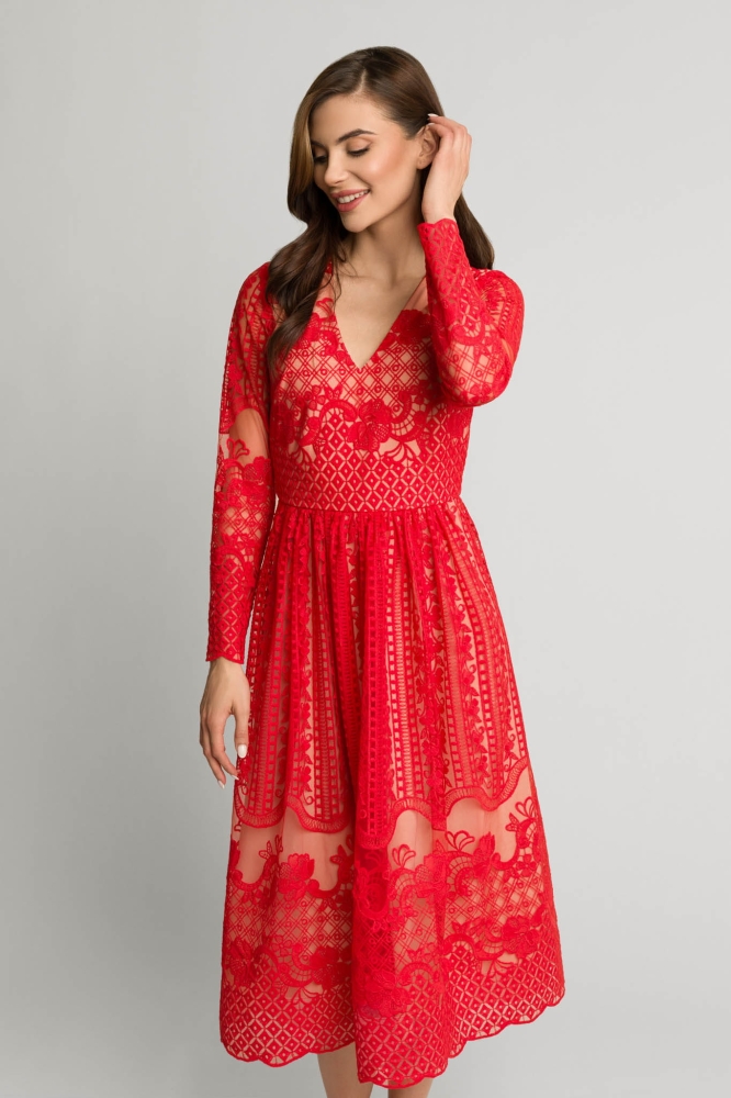 Czerwona koronkowa rozkloszowana sukienka midi z dekoltem Gracia by Swing