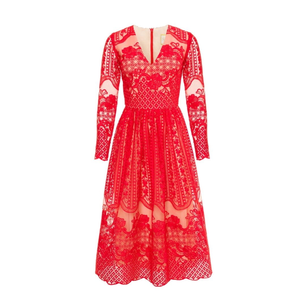 Czerwona koronkowa rozkloszowana sukienka midi z dekoltem Gracia by Swing