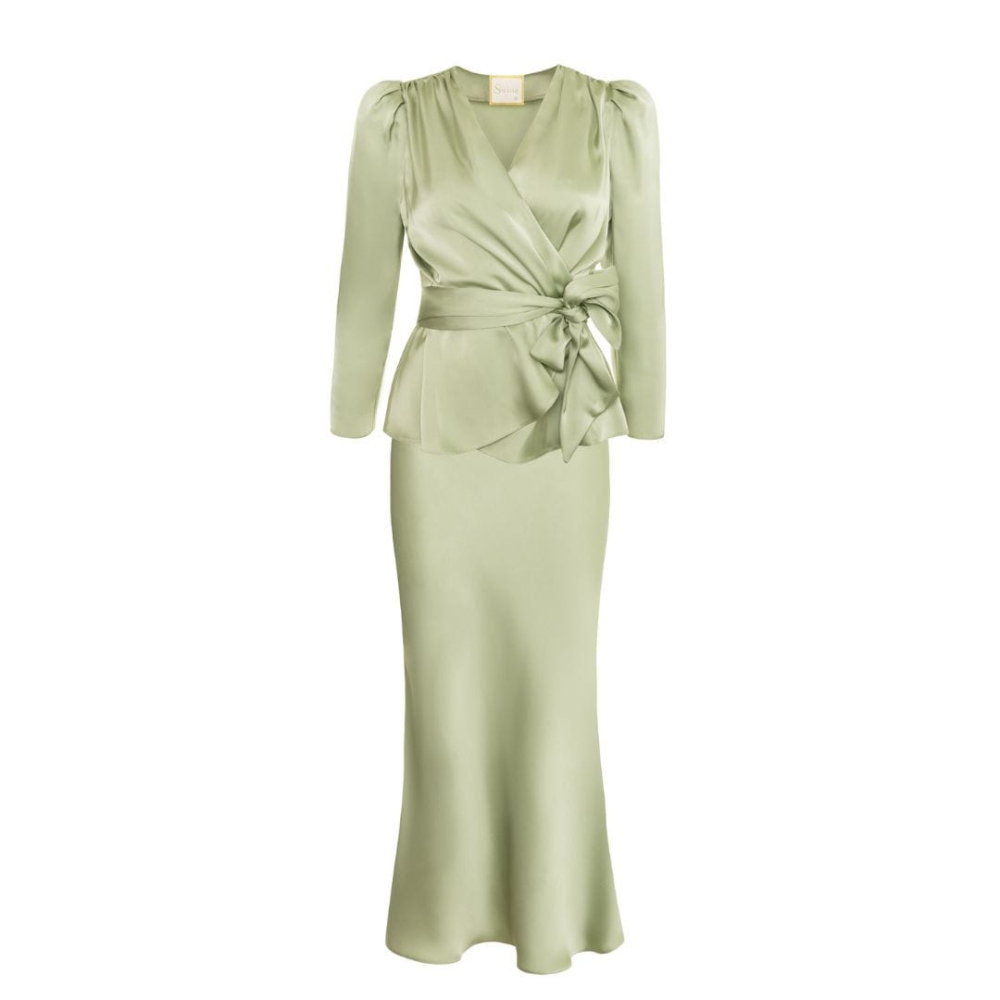 Oliwkowy elegancki komplet spódnica + bluzka  Ottie by Swing