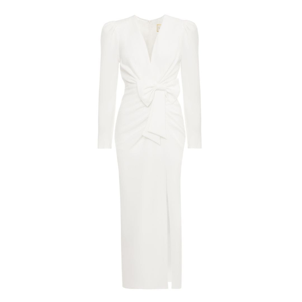 Śmietankowa elegancka dopasowana sukienka midi z rozporkiem i ozdobną kokardą Fiona by Swing