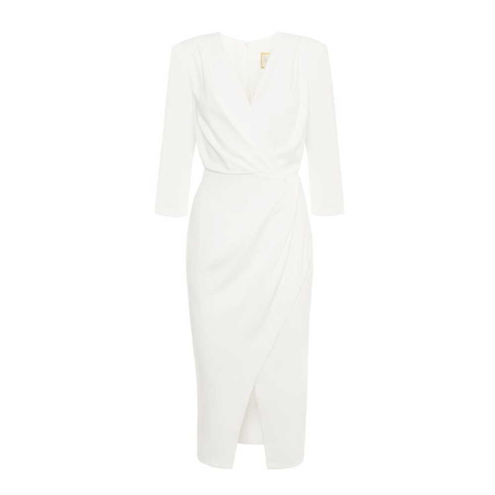 Biała elegancka sukienka midi z kopertowym dekoltem Samba by Swing
