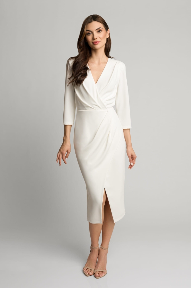 Biała elegancka sukienka midi z kopertowym dekoltem Samba by Swing