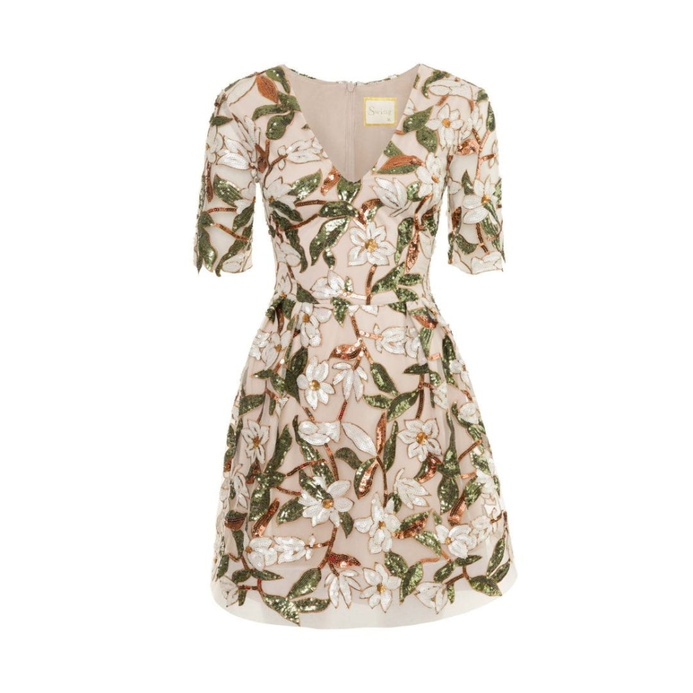 Beżowa lekko rozkloszowana tiulowa sukienka mini wyszywana w cekinowe kwiaty Vanity by Swing