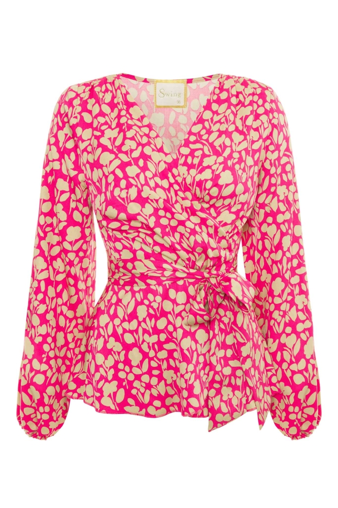 Różowy wiskozowy komplet spodnie + bluzka z baskinką w beżowy wzór Toledo by Swing