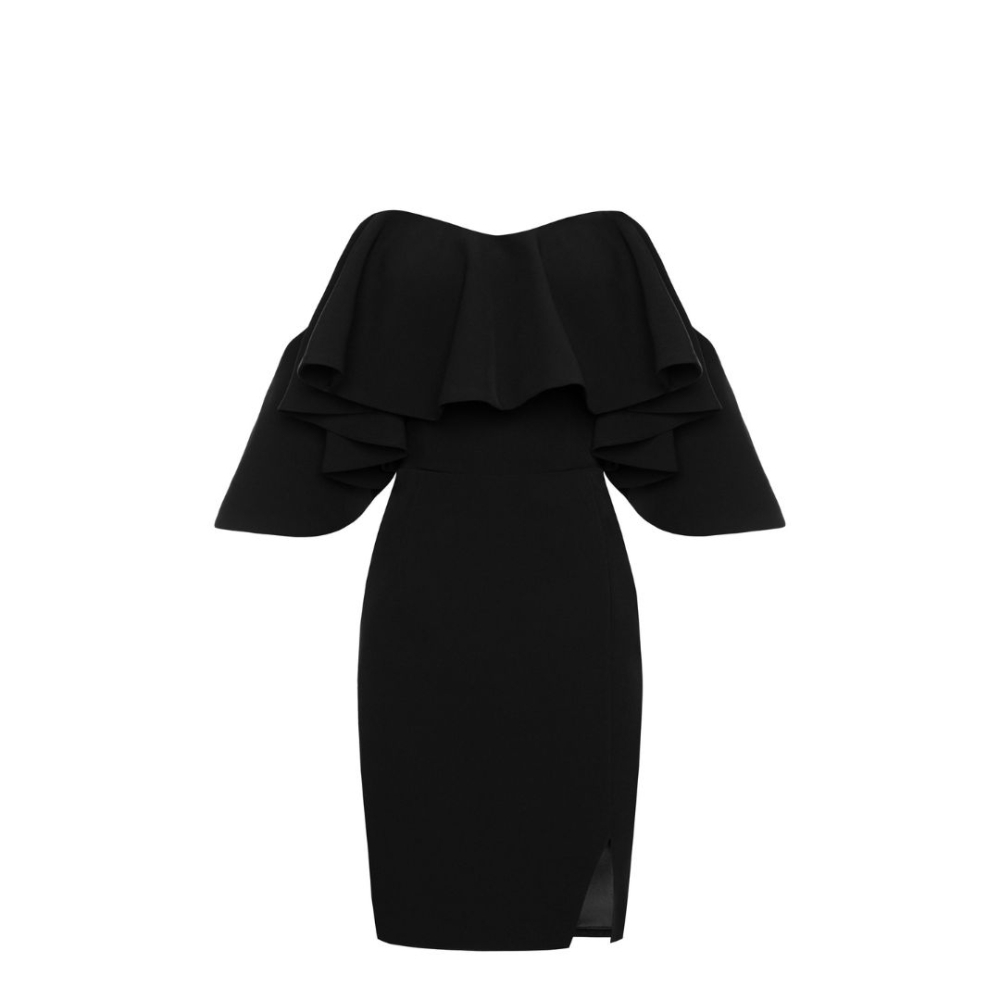 Czarna elegancka sukienka hiszpanka mini z ozdobną falbaną i rozporkiem Sierra by Swing