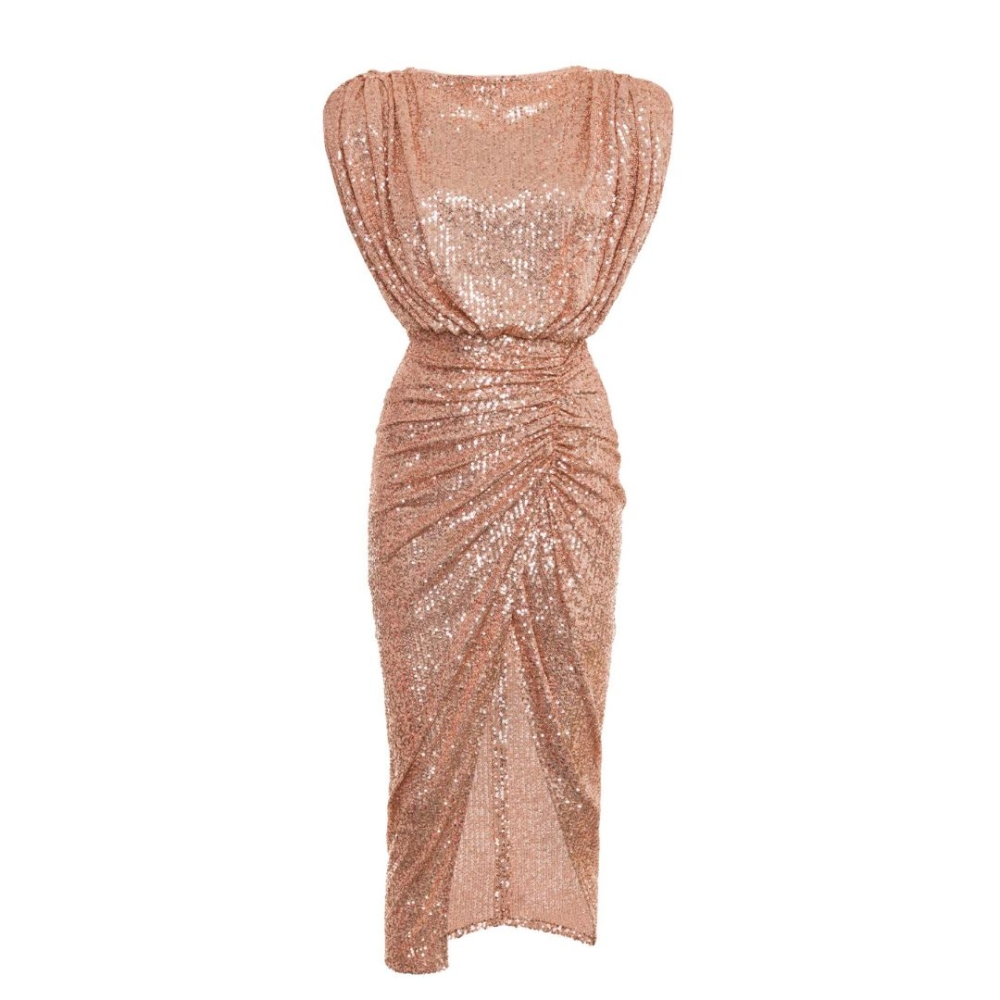 Złota miedziana dopasowana sukienka midi z cekinów bez rękawa Nicol Summer by Swing