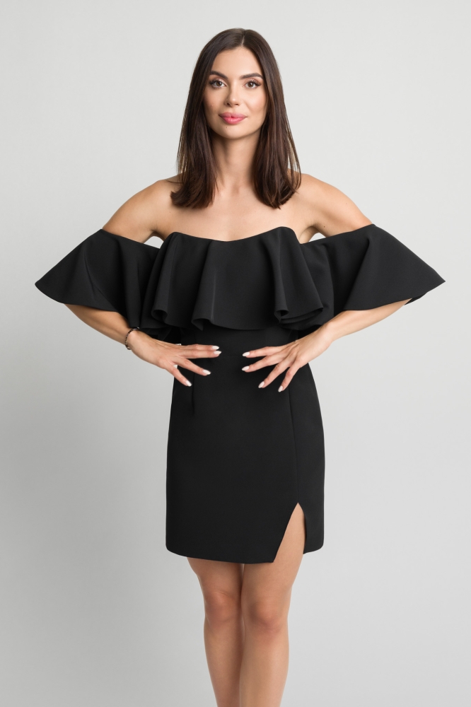 Czarna elegancka sukienka hiszpanka mini z ozdobną falbaną i rozporkiem Sierra by Swing