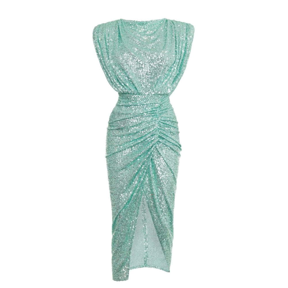 Miętowa  dopasowana sukienka midi z cekinów bez rękawa Nicol Summer by Swing