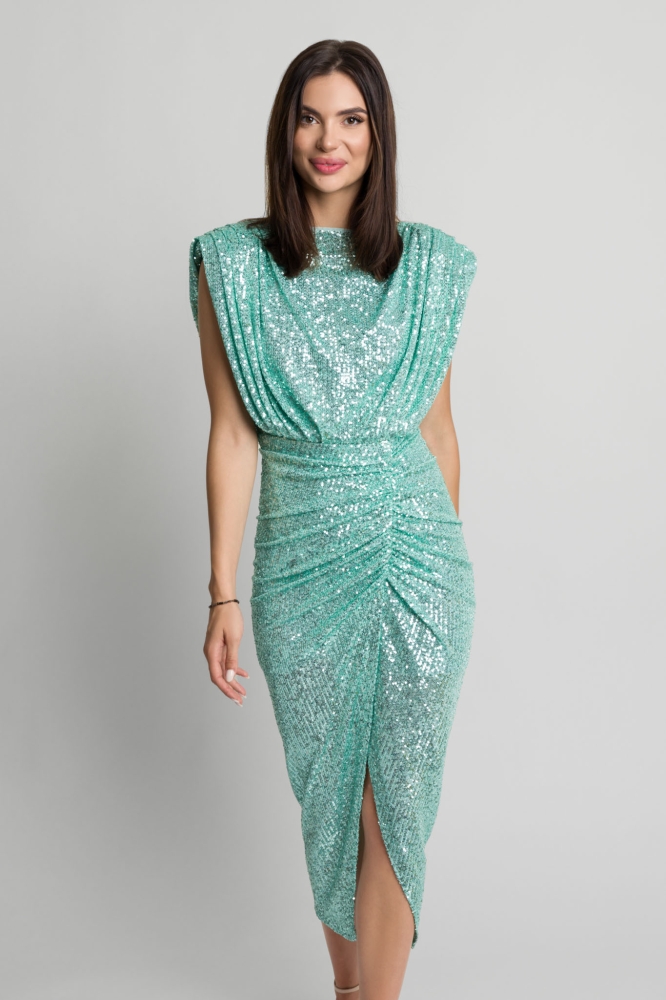 Miętowa  dopasowana sukienka midi z cekinów bez rękawa Nicol Summer by Swing