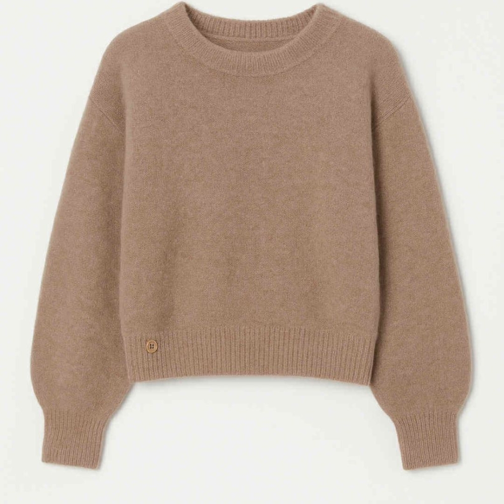 Beżowy kamelowy dzianinowy wełniany sweter z okrągłym dekoltem Cosy