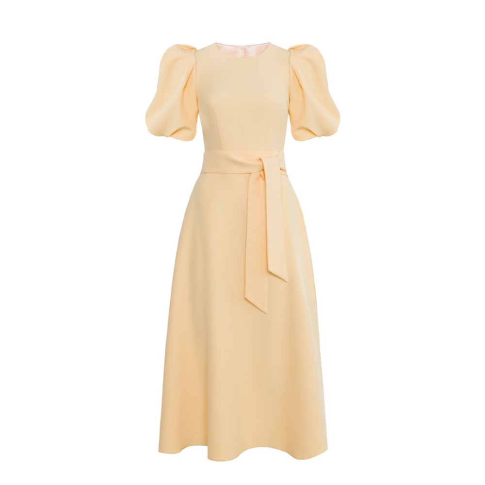 Żółta masełkowa elegancka lekko rozkloszowana sukienka midi z bufiastym rękawem Mabel by Swing