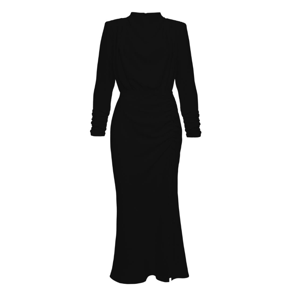 Czarna elegancka klasyczna sukienka midi z marszczeniem i rozporkiem Diva by Swing