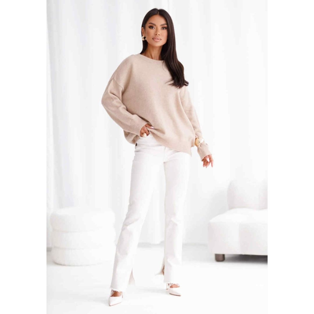 Beżowy kamelowy dzianinowy wełniany sweter z okrągłym dekoltem Cosy