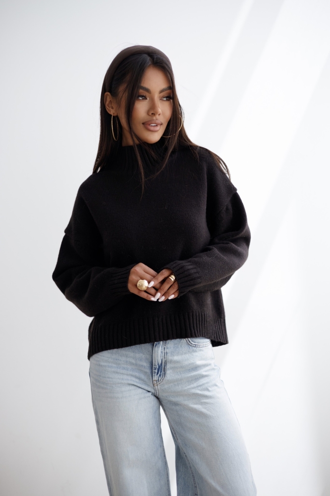 Czekoladowy  dzianinowy wełniany sweter ze stójką o kroju oversize kaszir + merino