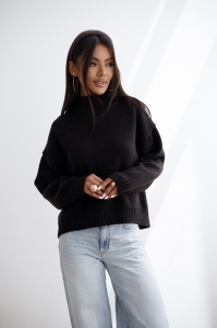 Czekoladowy  dzianinowy wełniany sweter ze stójką o kroju oversize kaszir + merino