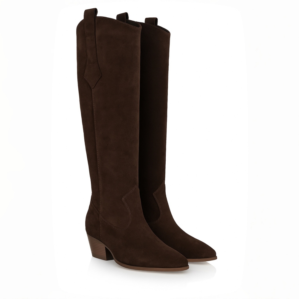 Brązowe zamszowe skórzane kozaki kowbojki przed kolano kowbojki zamsz w kolorze ciemny brąz skóra naturalna